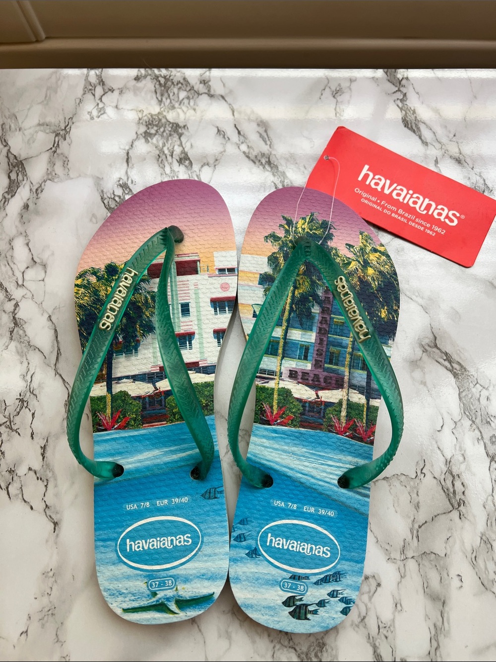 Havaianas Scenic Print Flip Flops with Green Straps